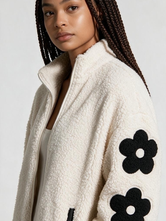 Altar'd State Jackets & Blazers - ALTERED STATE Women's Cream Sherpa Zip Jacket with Black Flower Appliqués